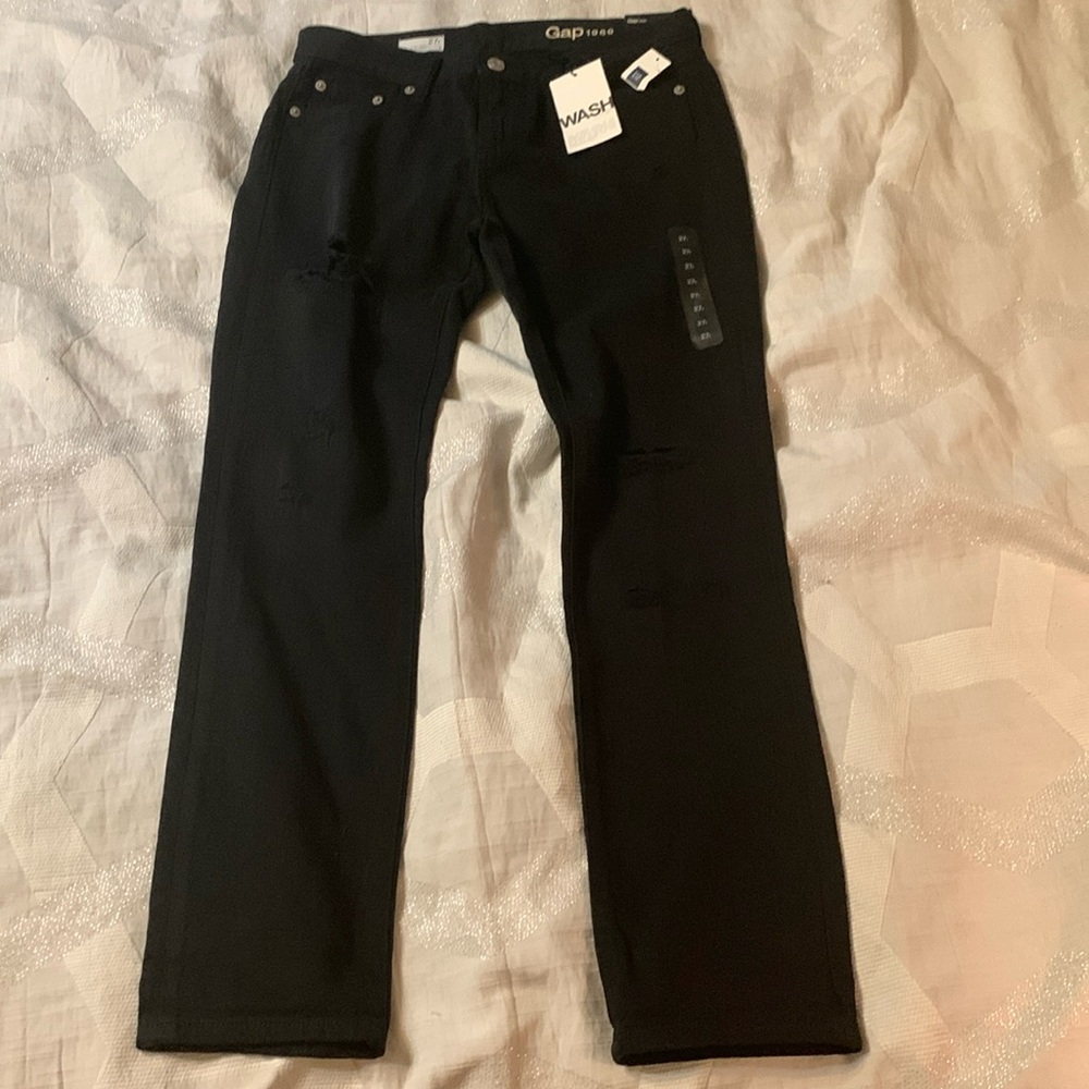 Women Gap Girlfriend Jeans, dark black. Distressed size 27.